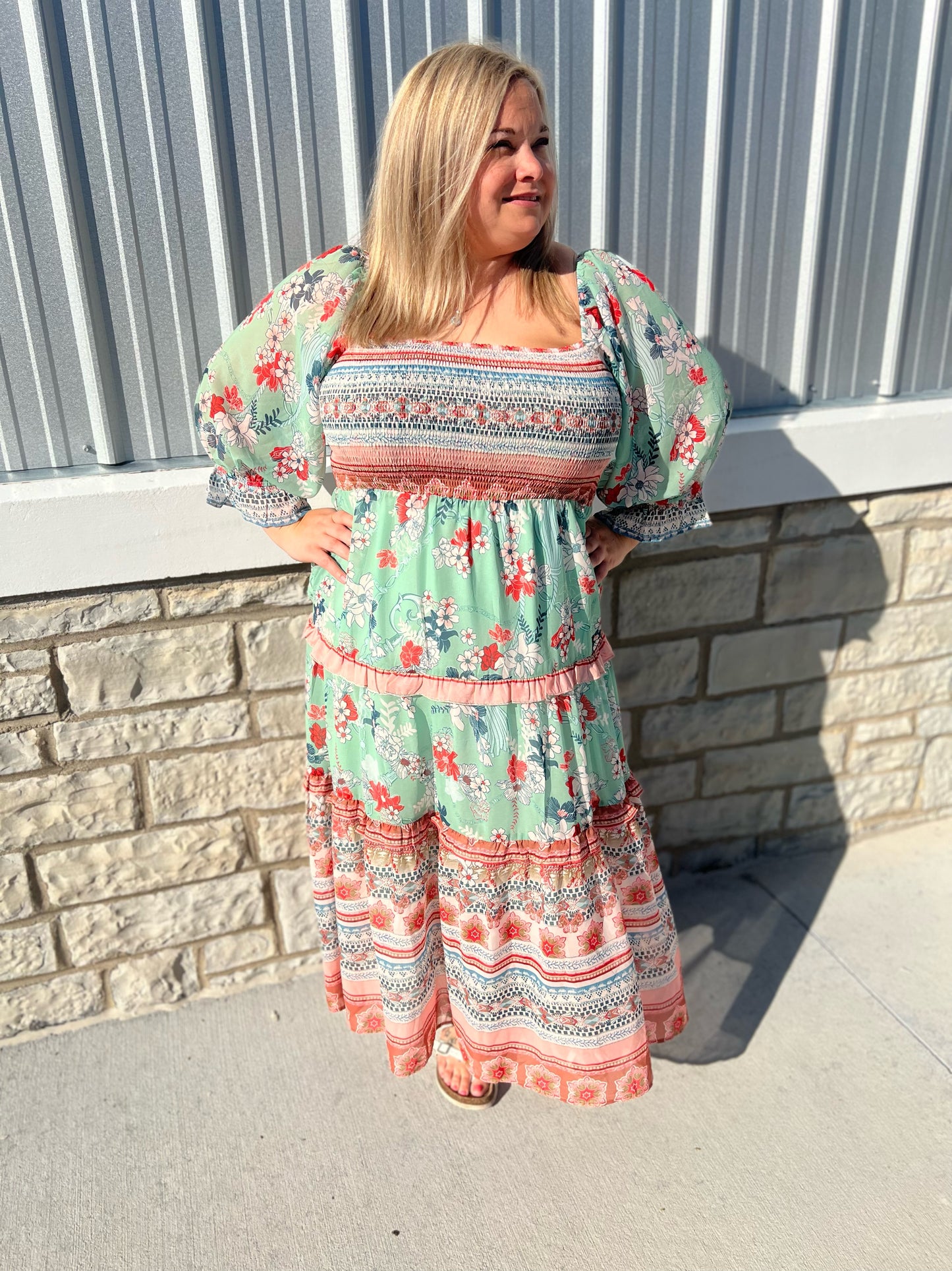 Sage Boho Smocked Dress