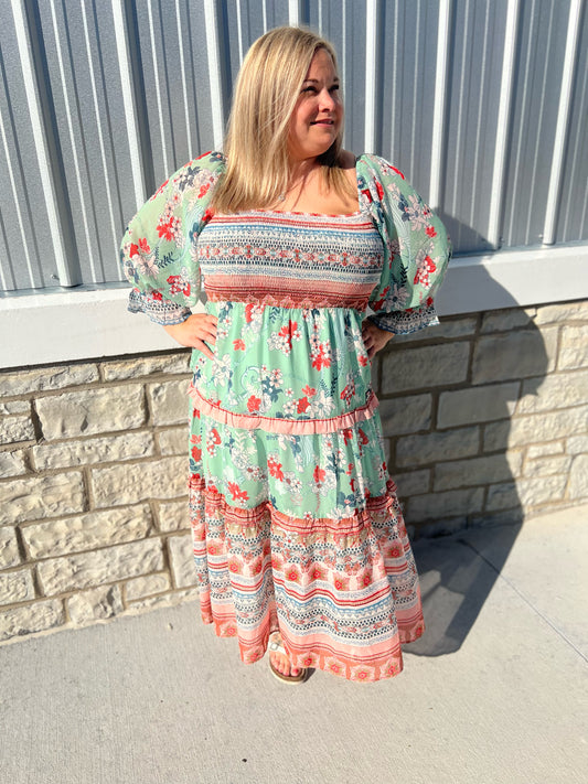 Sage Boho Smocked Dress