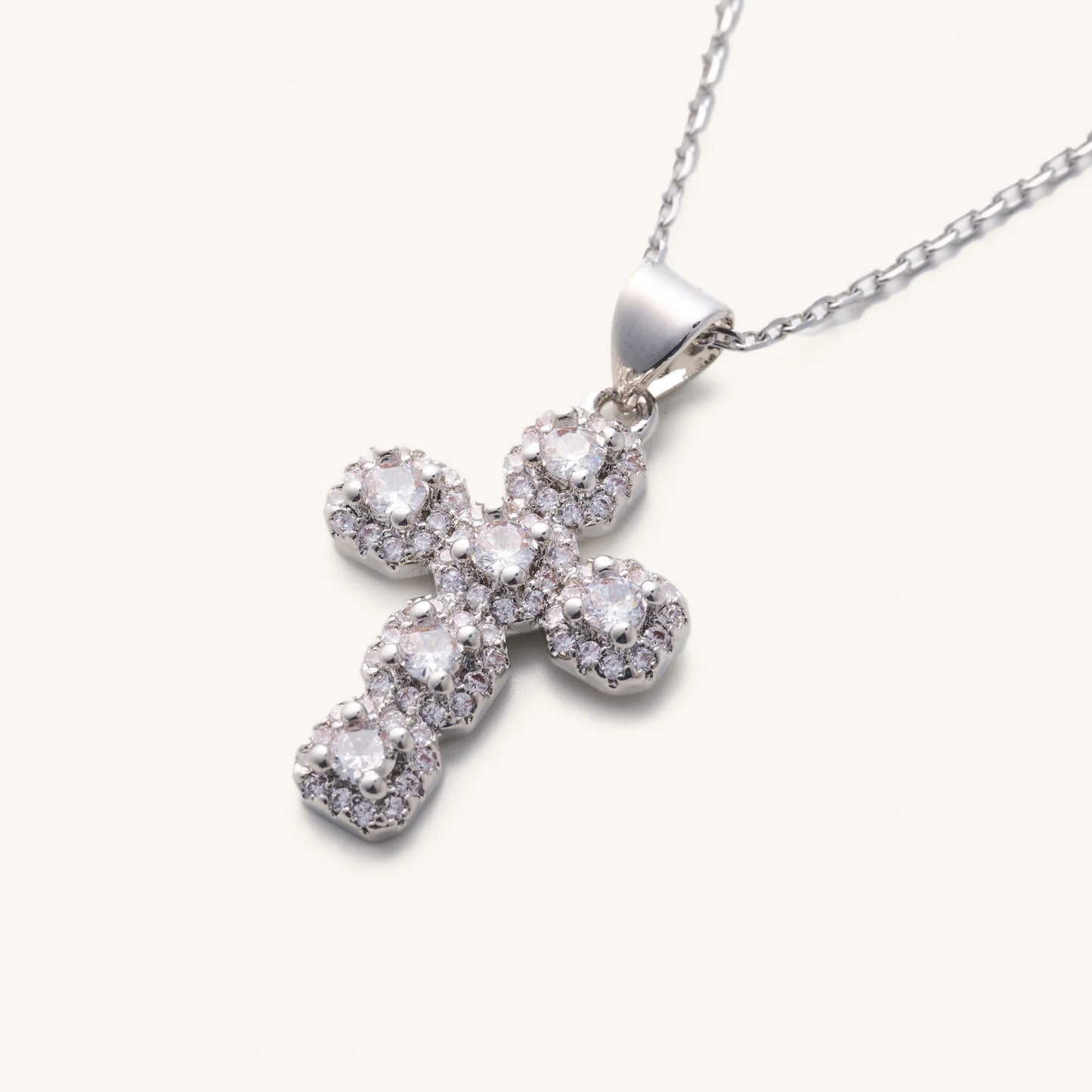 Silver Chunky Crystal Cross Pendant Necklace
