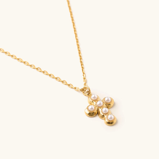 Gold Pearl Cross Necklace