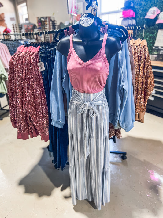 SMALL Blue Striped Tiered Wide Leg Pants