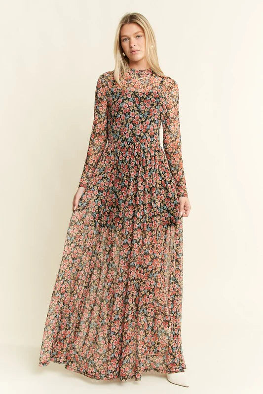 Floral Print Mesh Maxi Dress