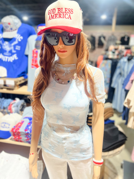 Light Blue Lace Mesh Short Sleeve Top