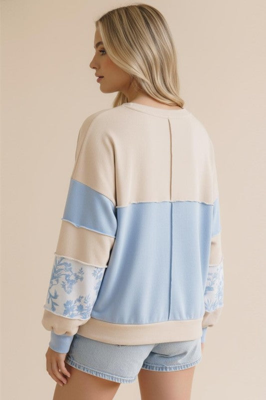 Light Blue Floral Color Block Long Sleeve Top