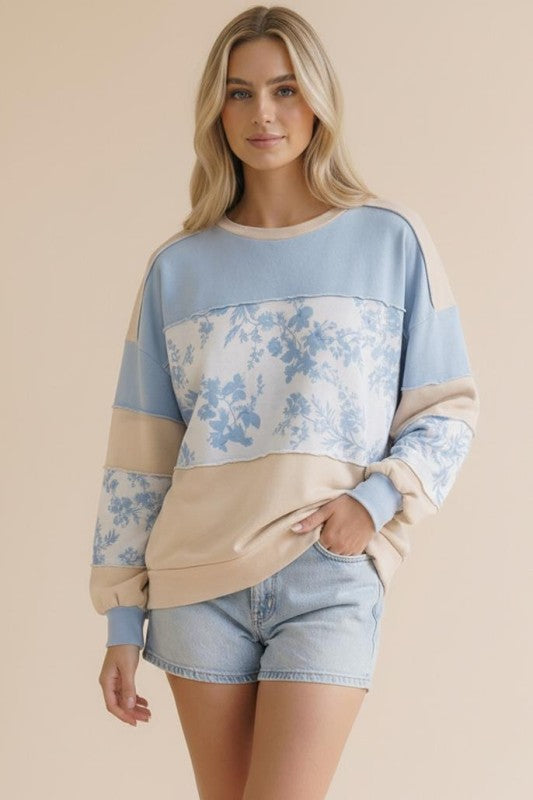 Light Blue Floral Color Block Long Sleeve Top