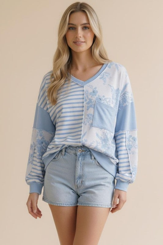 Light Blue Floral + Stripes Long Sleeve Top