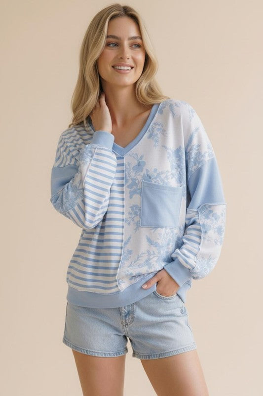 Light Blue Floral + Stripes Long Sleeve Top