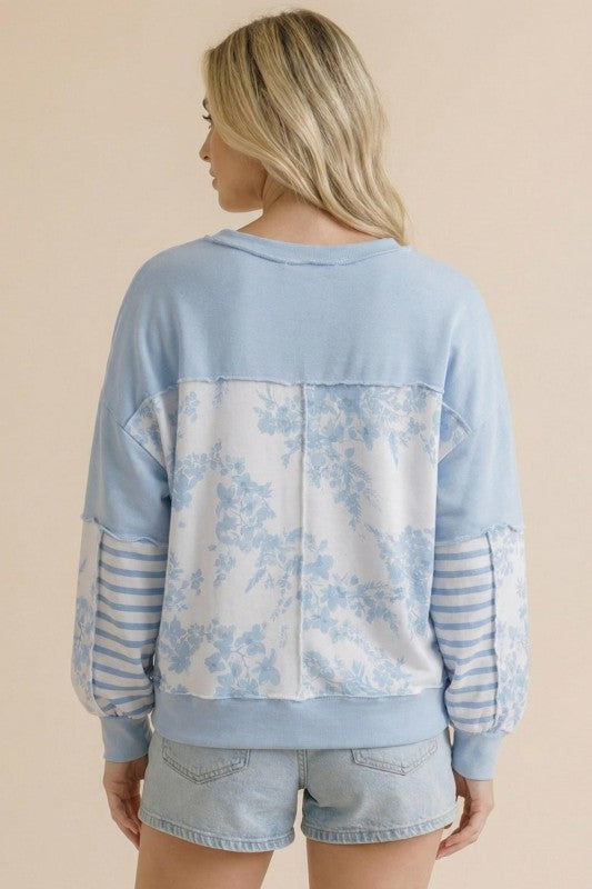 Light Blue Floral + Stripes Long Sleeve Top