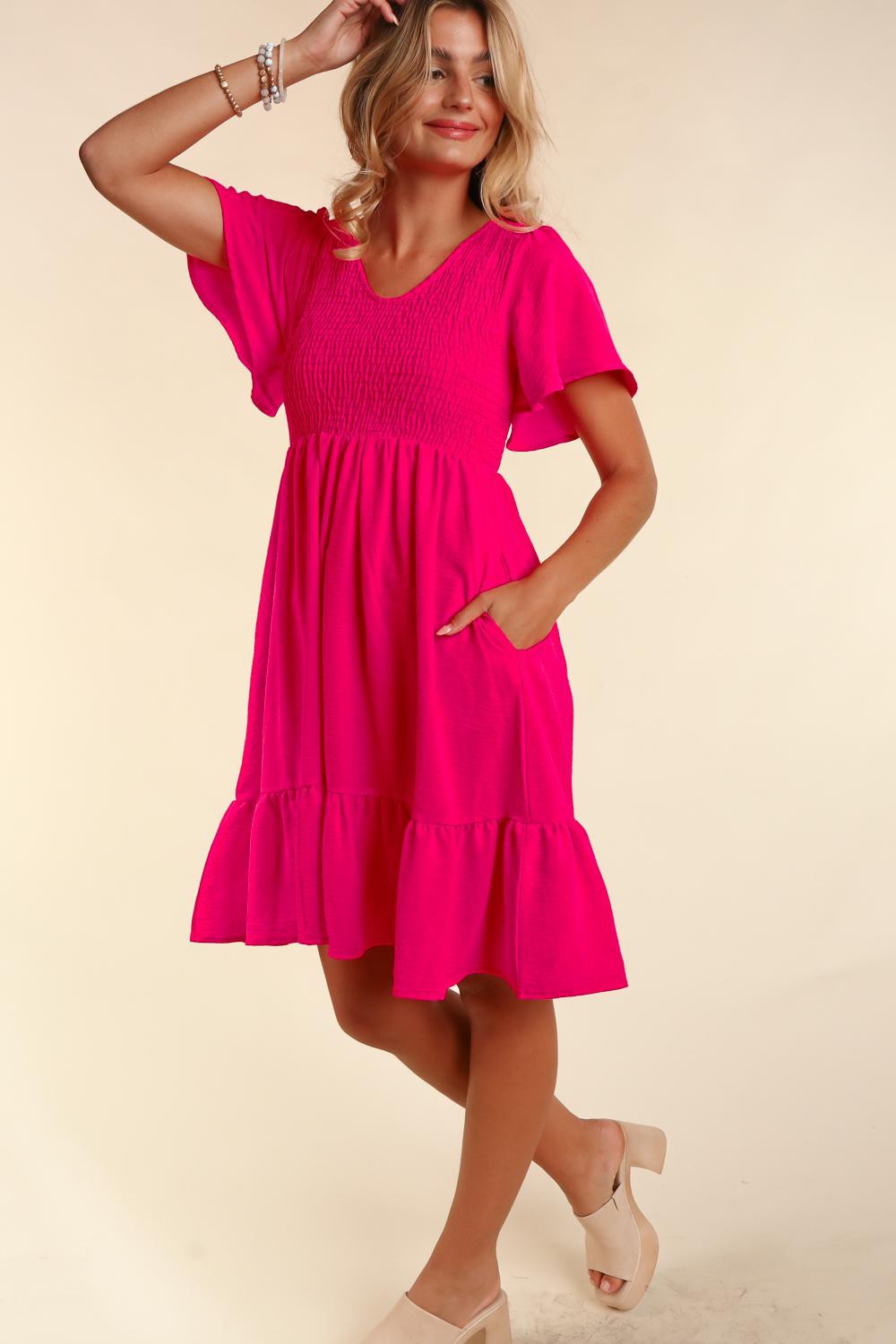 Hot Pink Smocked Ruffle Dress