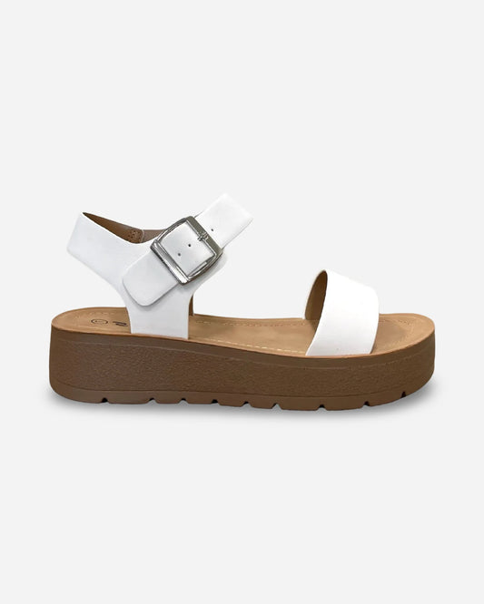 White Delaney Buckle Platform Sandals