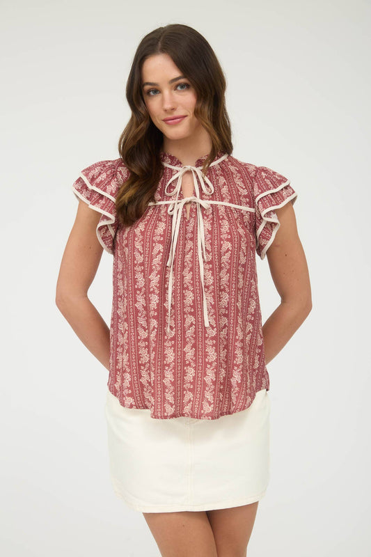 Burgundy Floral + Stripe Tie Front Top