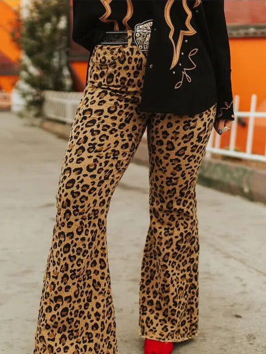 Brown Leopard Denim High Rise Flare Jeans