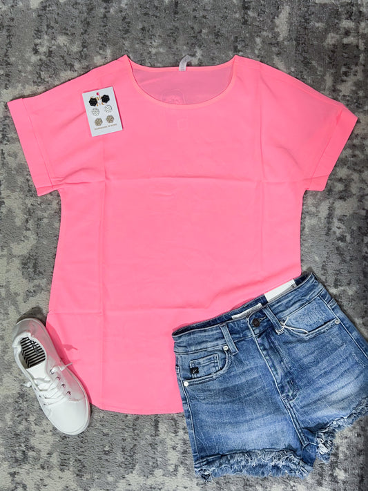 Bright Pink Woven Cuffed Top