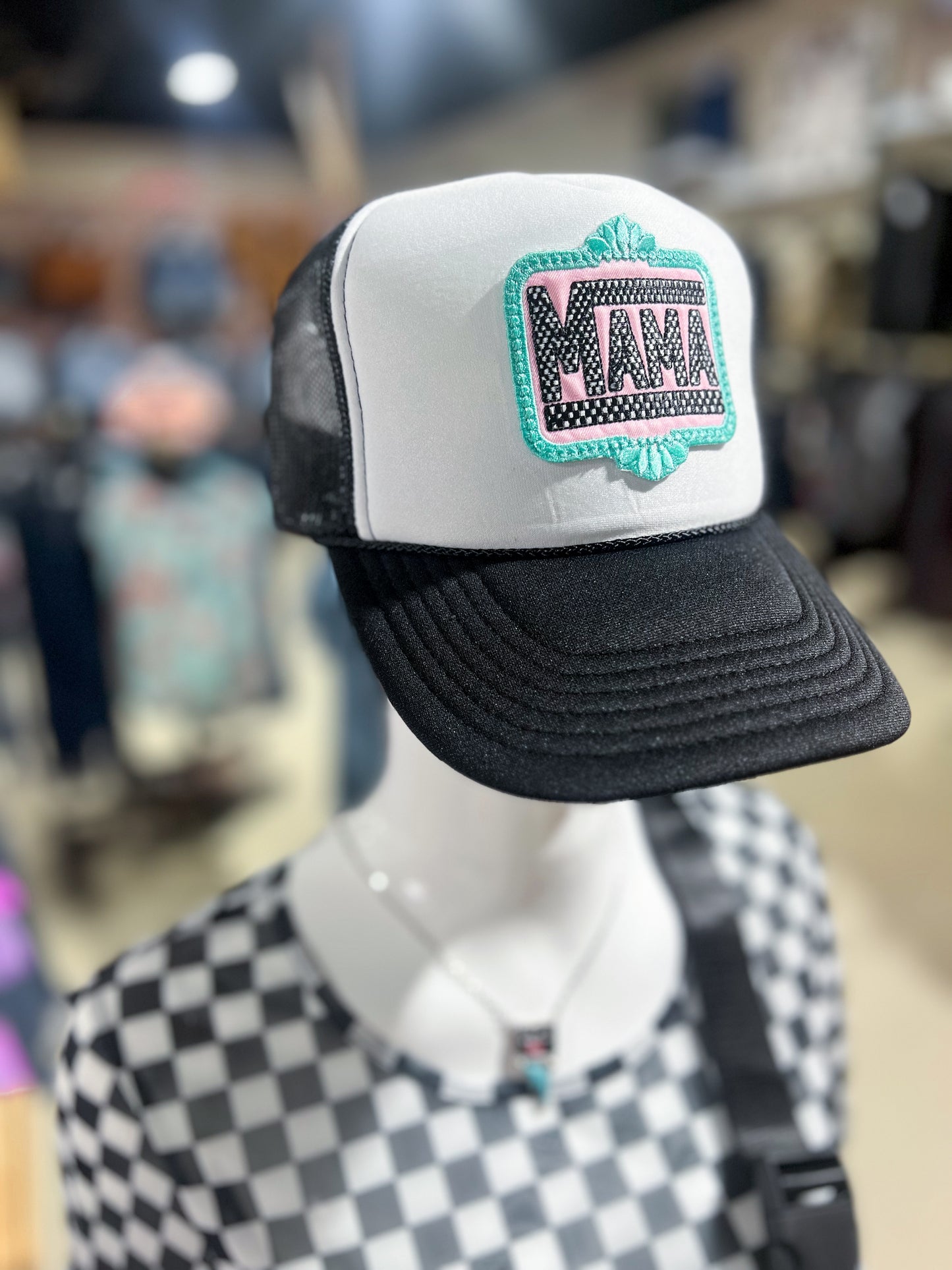 Turquoise + Checkered Mama Trucker Hat