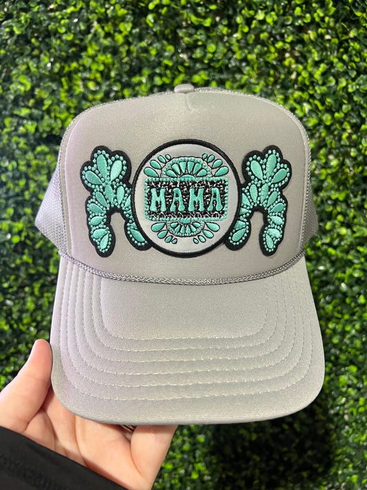 Grey Turquoise Mama Trucker Hat