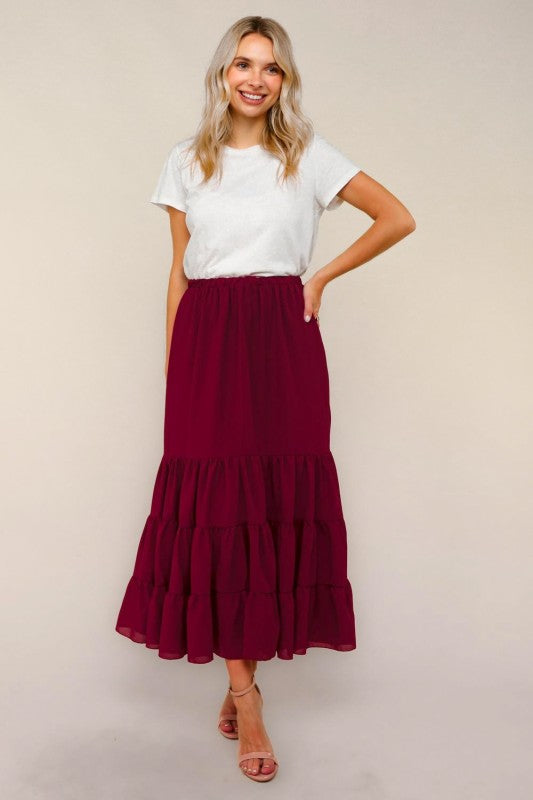 Burgundy Tiered Maxi Skirt