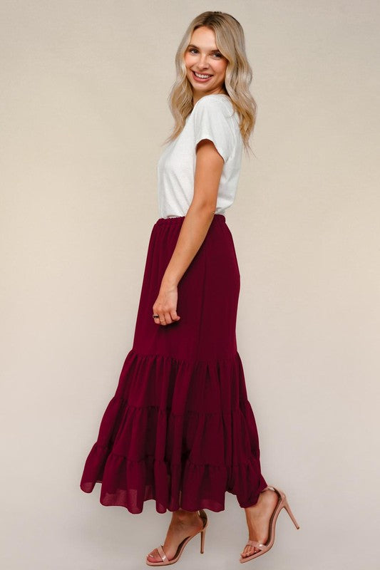 Burgundy Tiered Maxi Skirt
