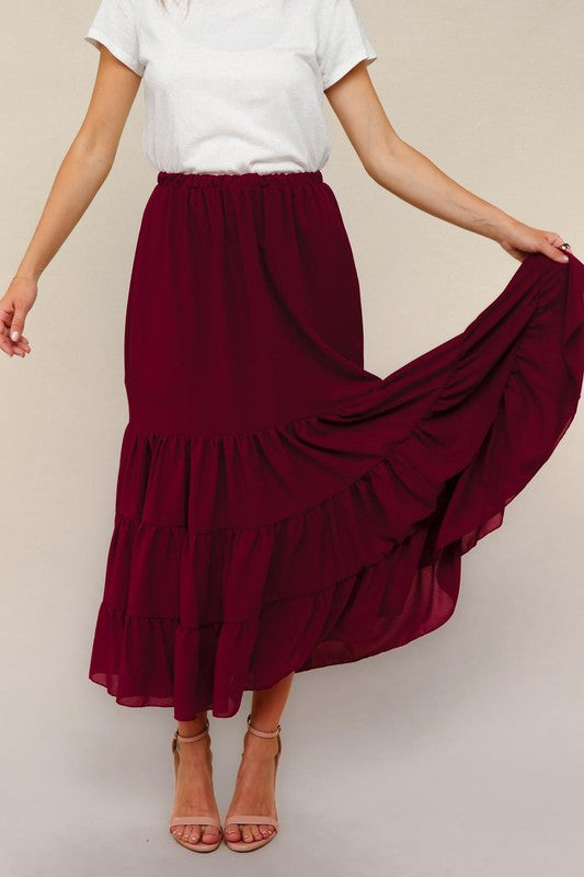 Burgundy Tiered Maxi Skirt