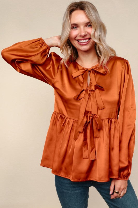 Rust Satin Bow Front Babydoll Blouse