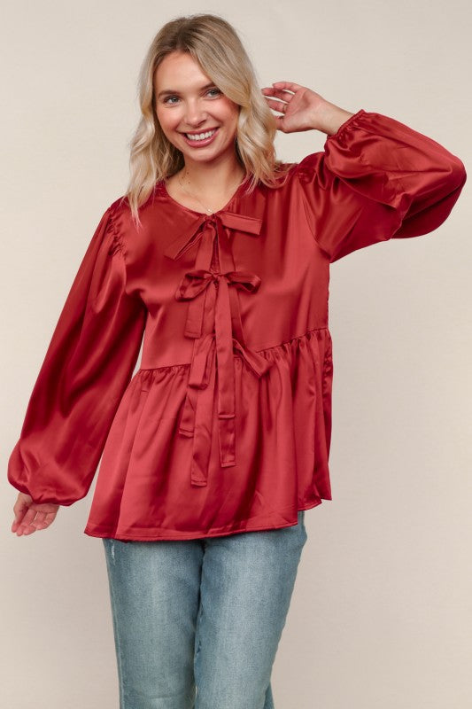 Burgundy Satin Bow Front Babydoll Blouse