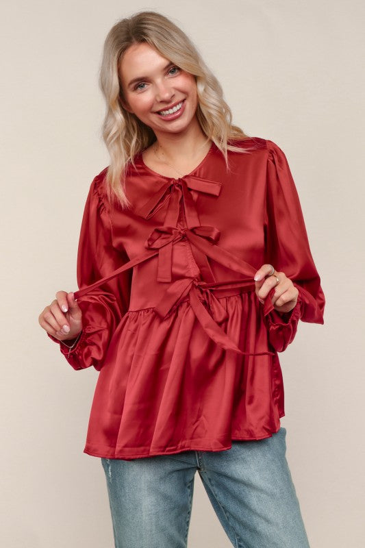 Burgundy Satin Bow Front Babydoll Blouse