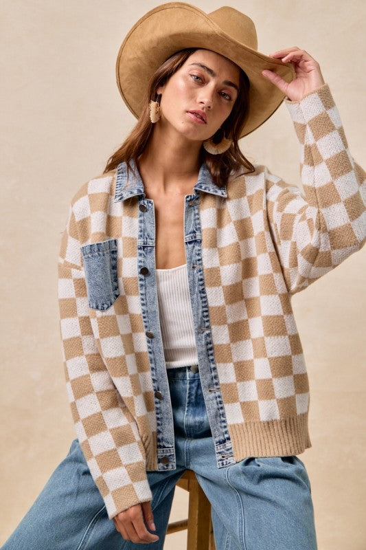 Latte Checkered Denim Trim Shacket