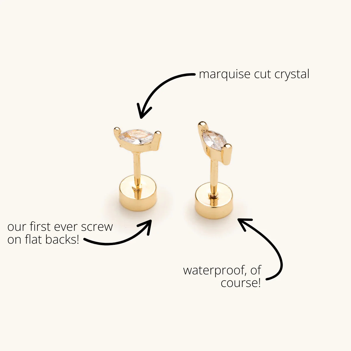 Gold Marquise Crystal Flat Back Stud Earrings
