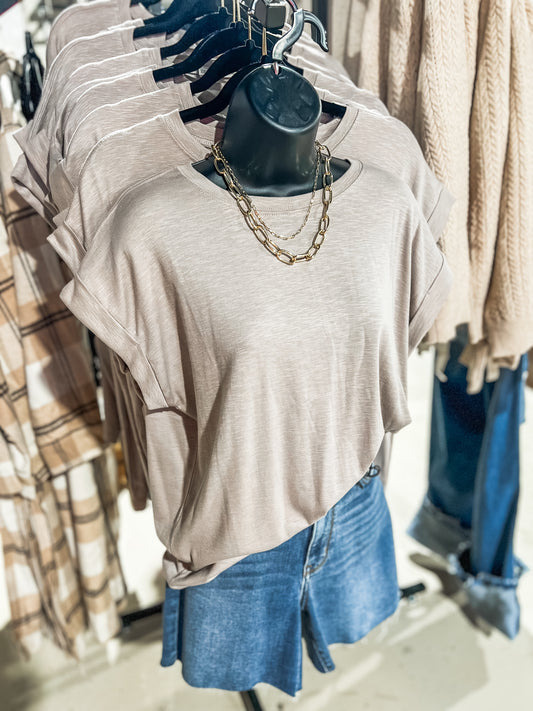 Ash Mocha Cotton Modal Rolled Sleeve Top