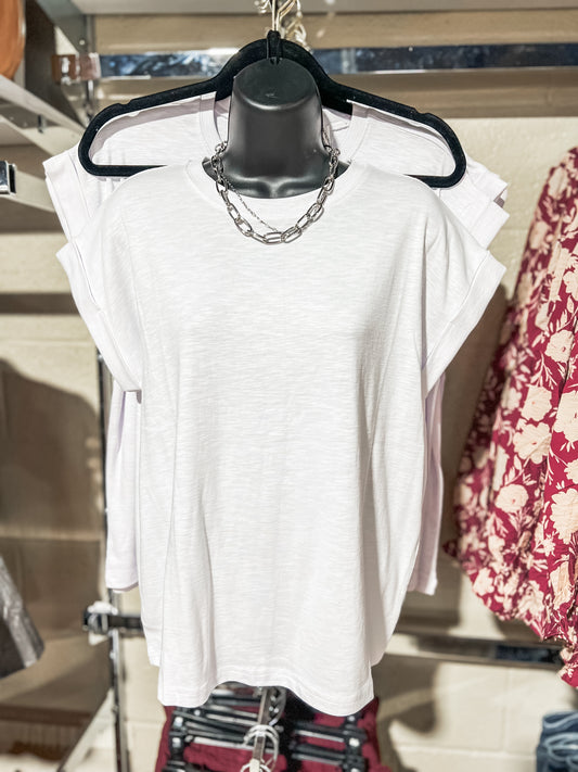 White Cotton Modal Rolled Sleeve Top