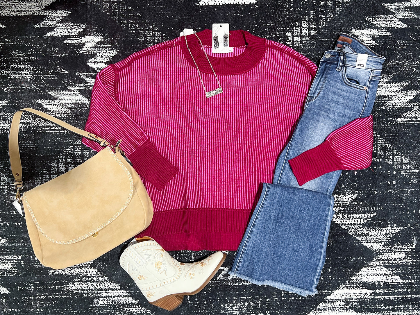 Cabernet & Candy Pink Ribbed Two-Tone Sweater