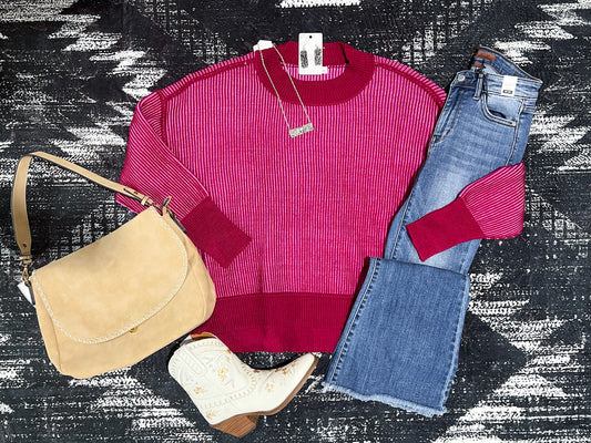 Cabernet & Candy Pink Ribbed Two-Tone Sweater