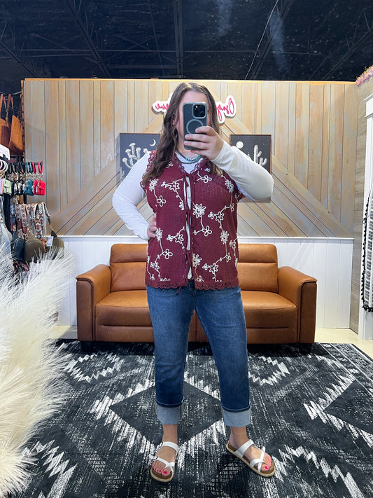 Burgundy Embroidered Tie Front Vest
