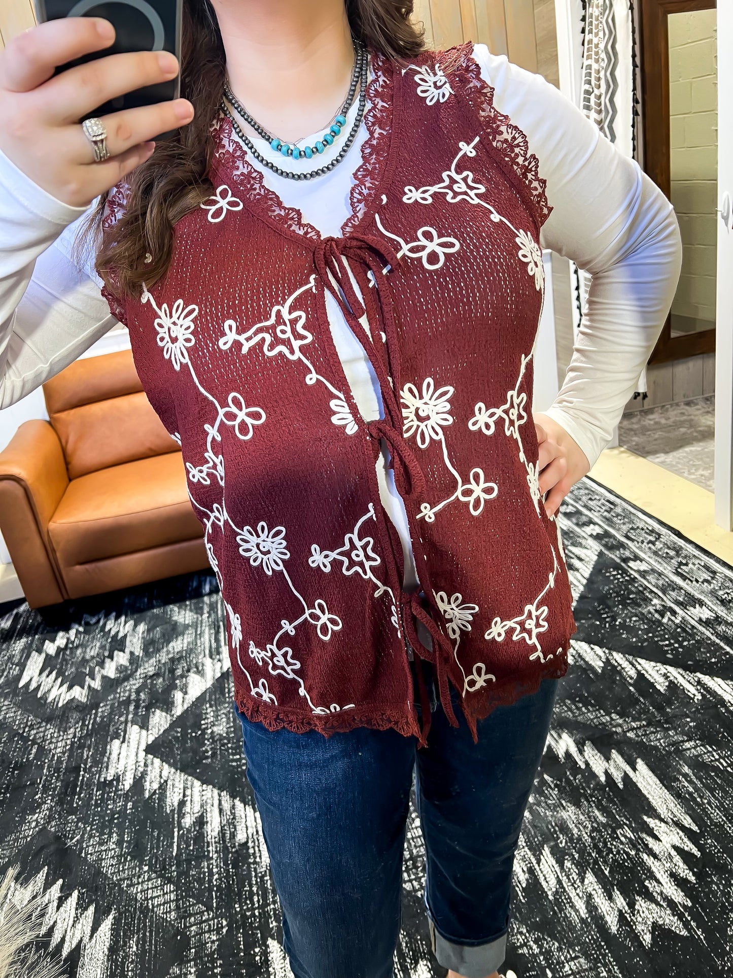 Burgundy Embroidered Tie Front Vest