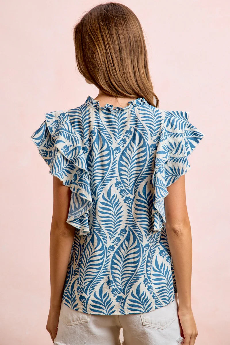 Blue Botanical Printed Ruffle Sleeve Top
