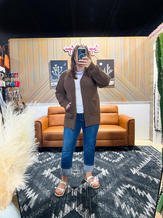 Brown Waffle Knit Cardigan