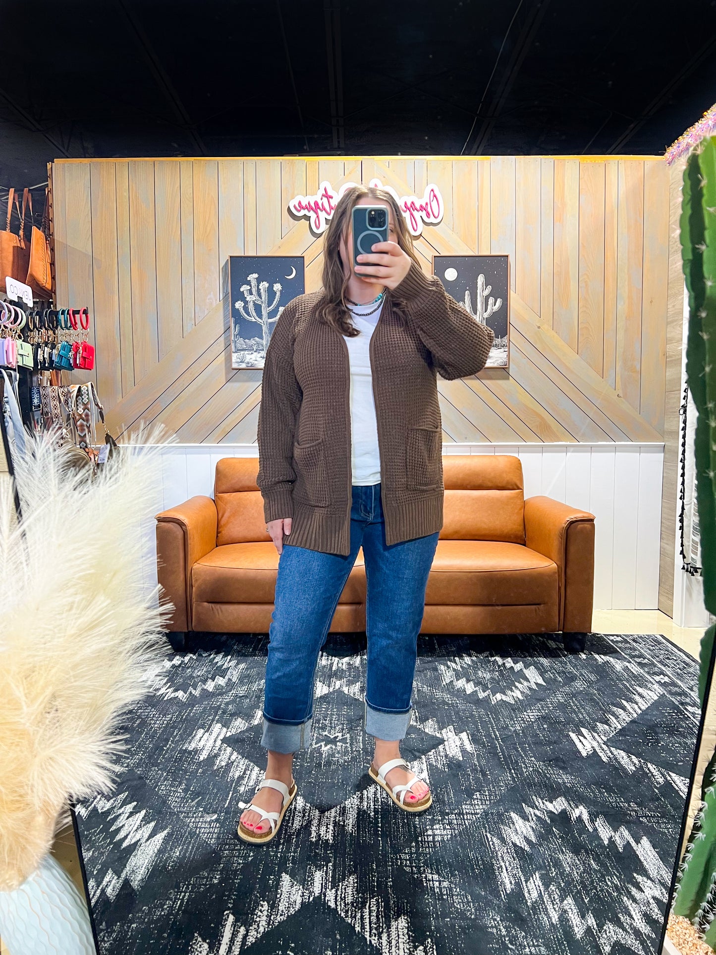 Brown Waffle Knit Cardigan