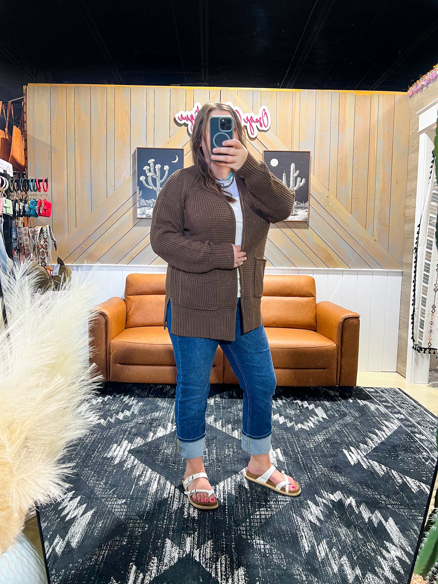 Brown Waffle Knit Cardigan