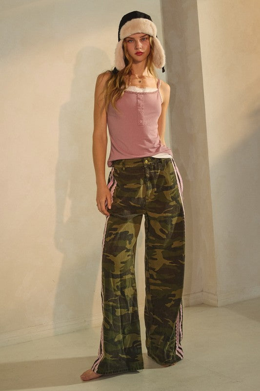 Camo Pink Lace Trim Wide Leg Jeans