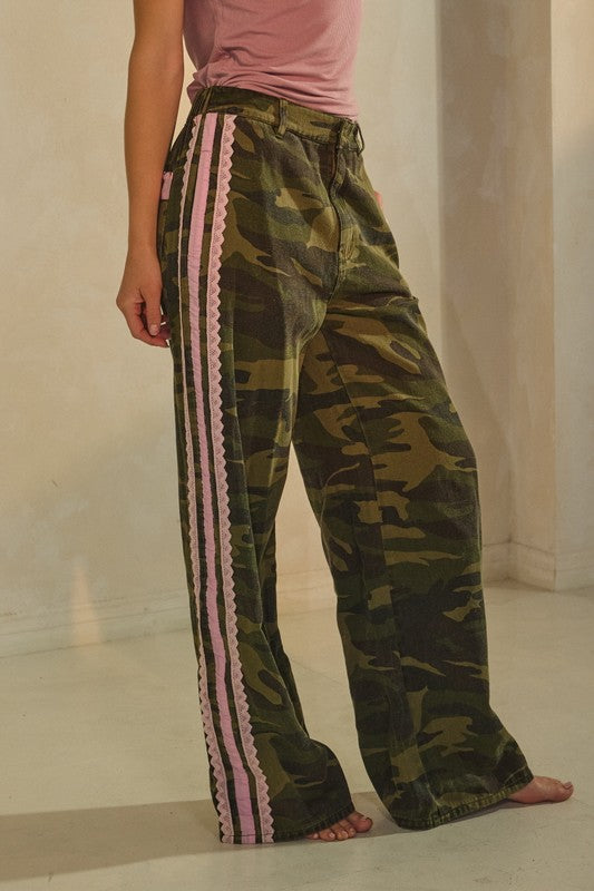 Camo Pink Lace Trim Wide Leg Jeans