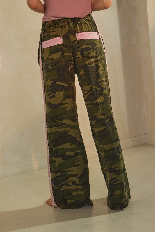 Camo Pink Lace Trim Wide Leg Jeans