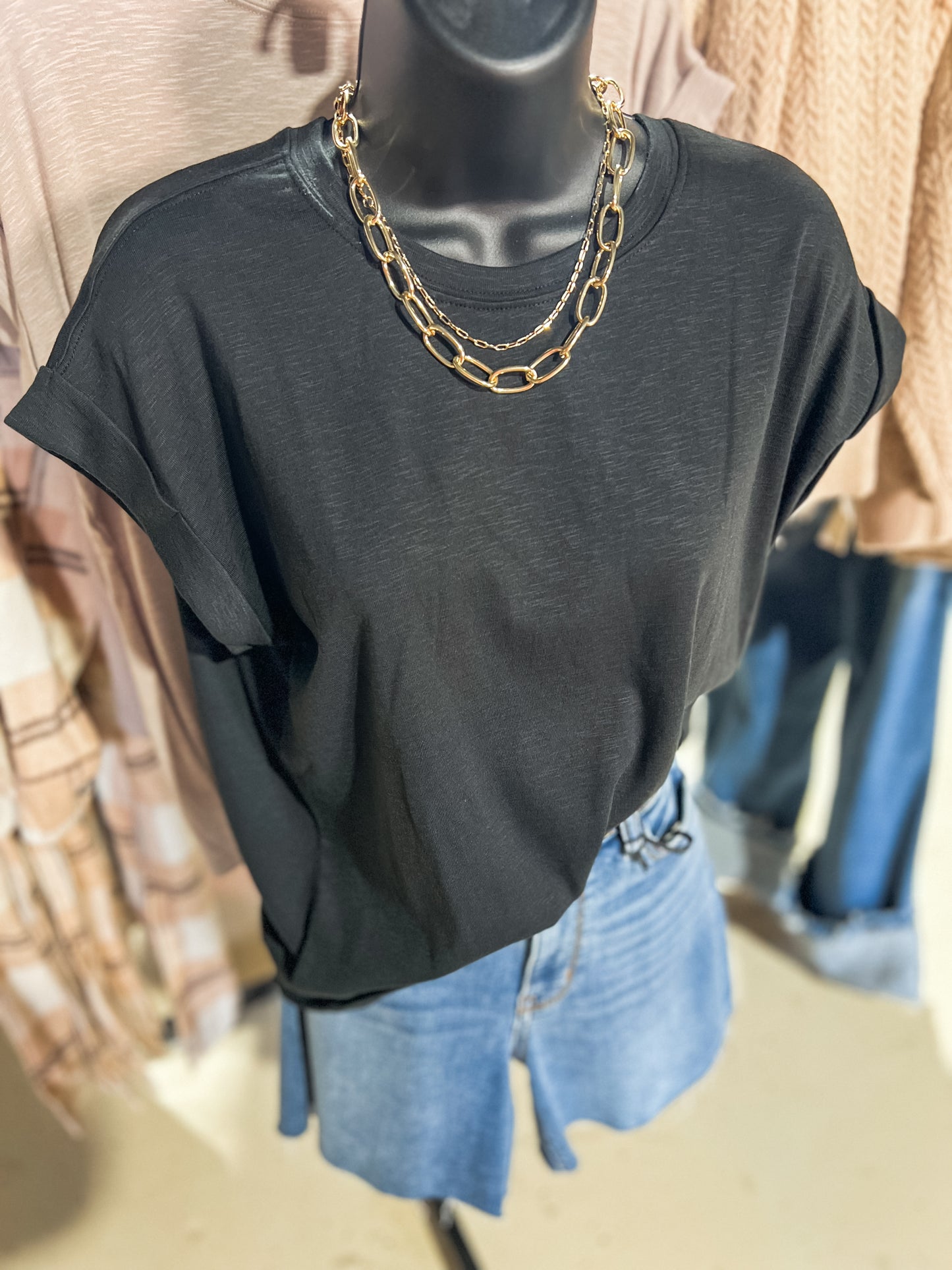 Black Cotton Modal Rolled Sleeve Top
