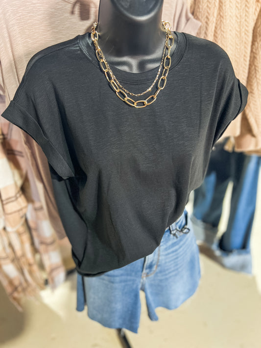 Black Cotton Modal Rolled Sleeve Top