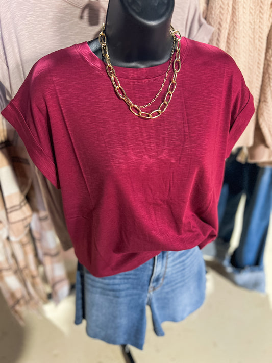 Cabernet Cotton Modal Rolled Sleeve Top