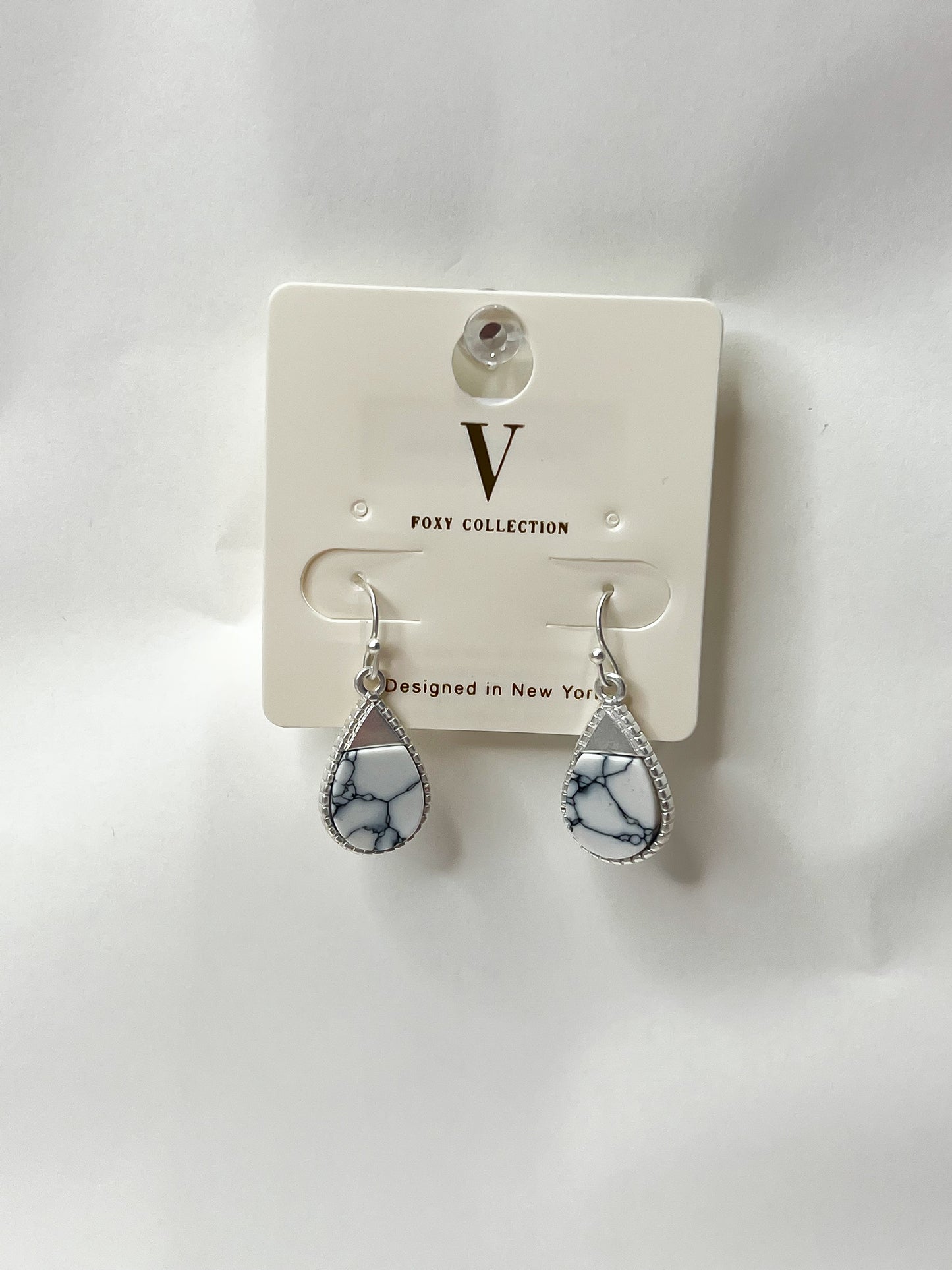 Silver White Marble Teardrop Earrings