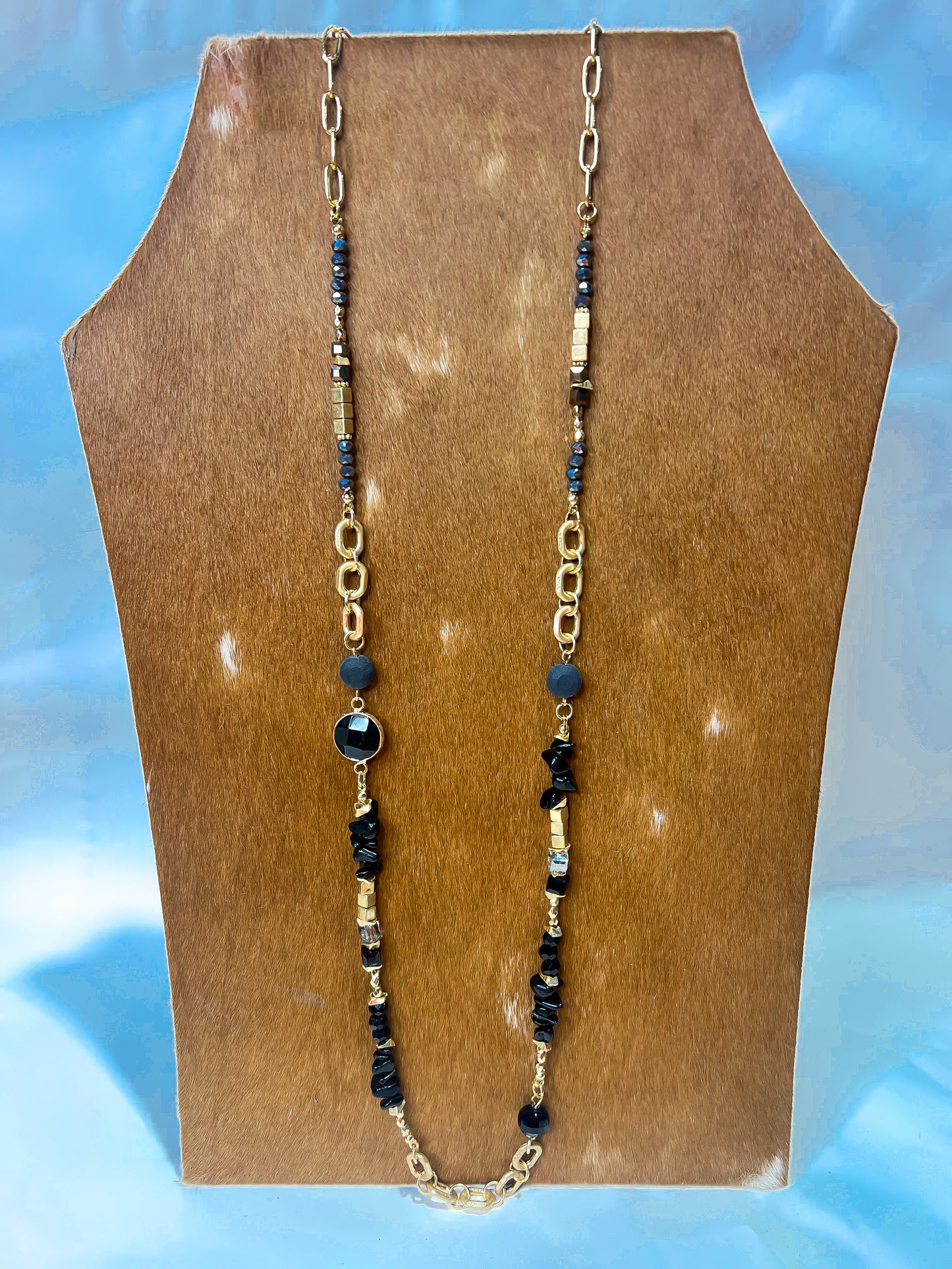 Black + Gold Beaded Long Necklace