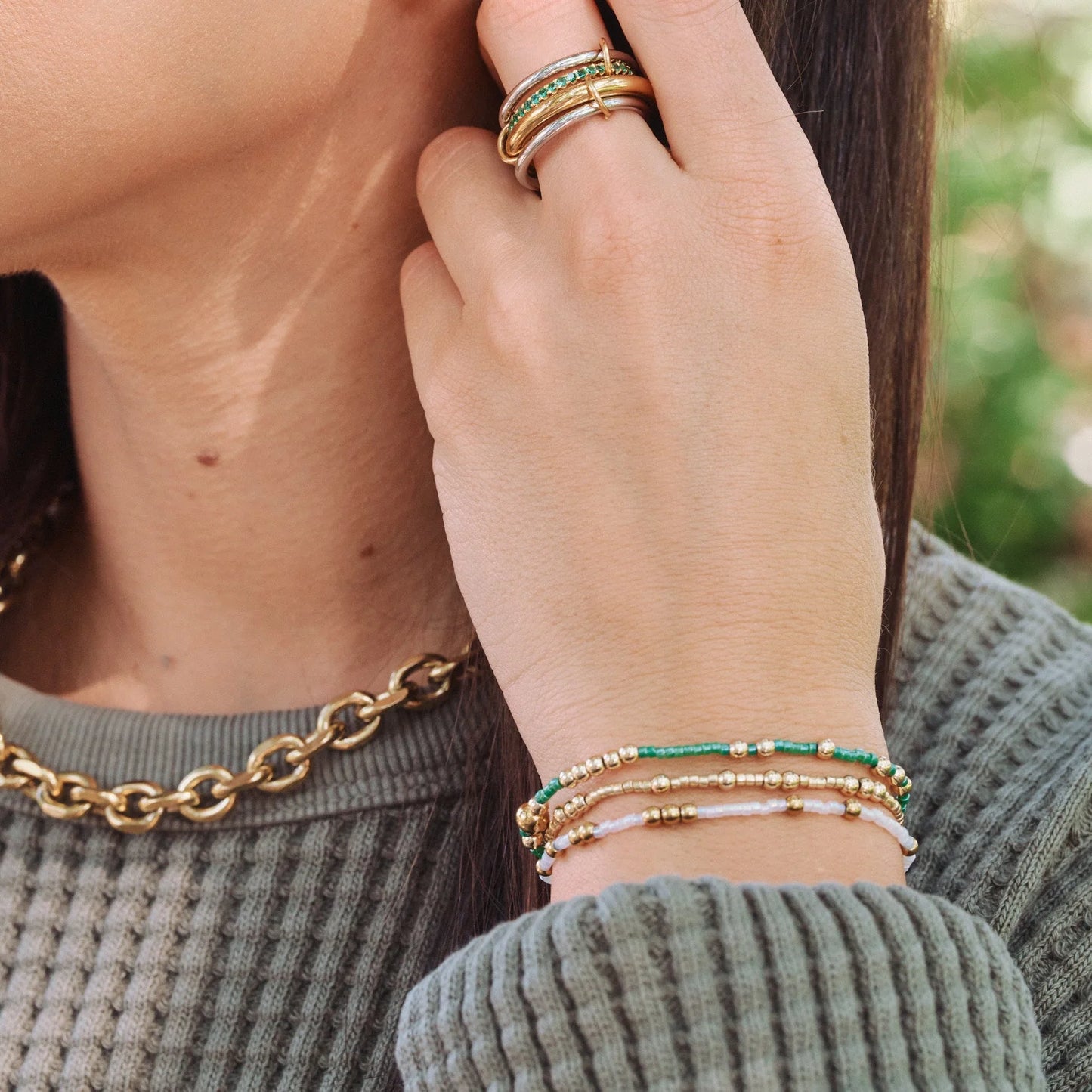 Gold + Emerald Beaded Stretch Bracelet Set