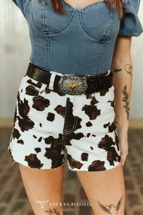 L&B Brown Cowhide High Rise Denim Shorts