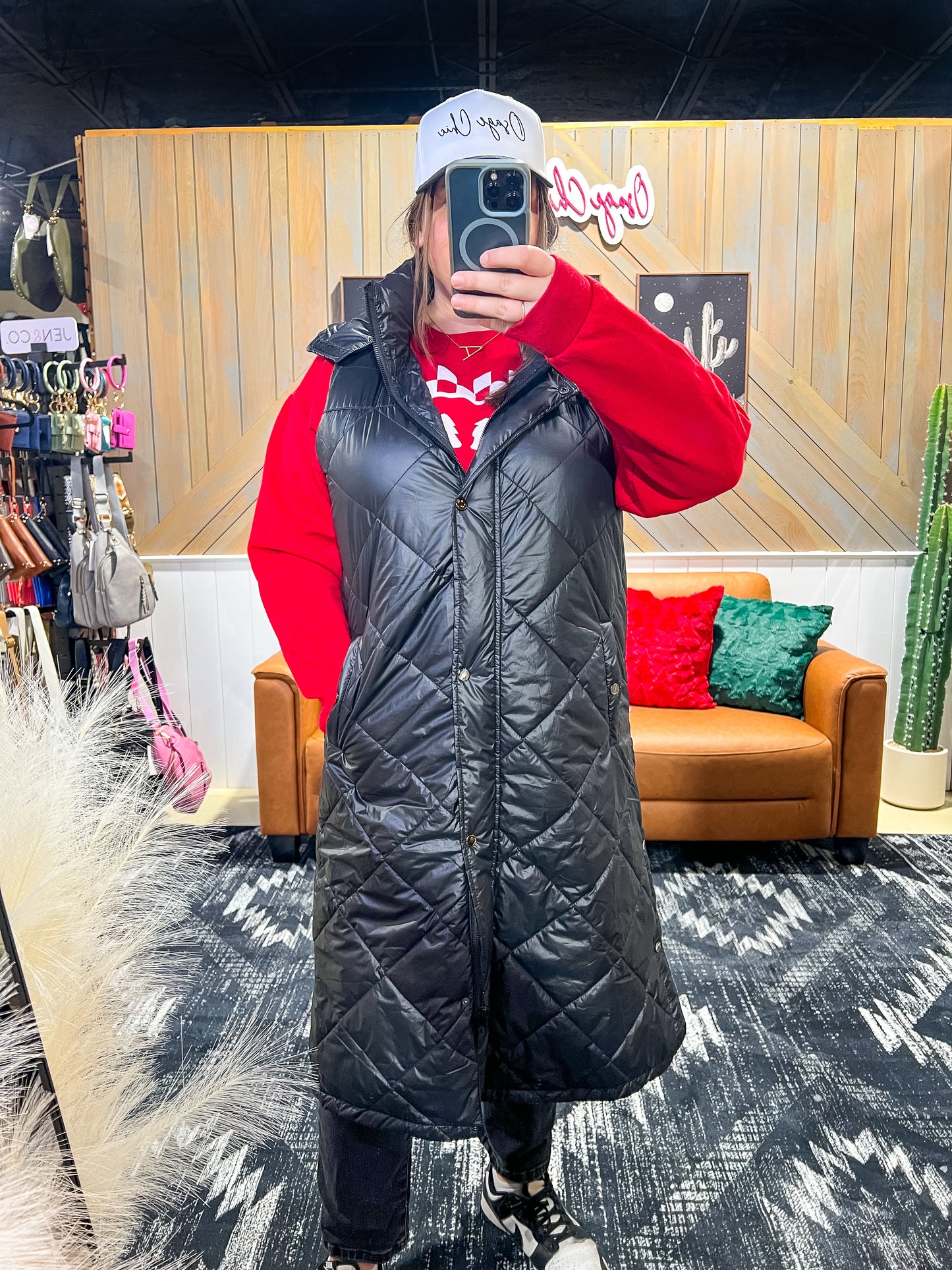 Black Hooded Long Padded Vest