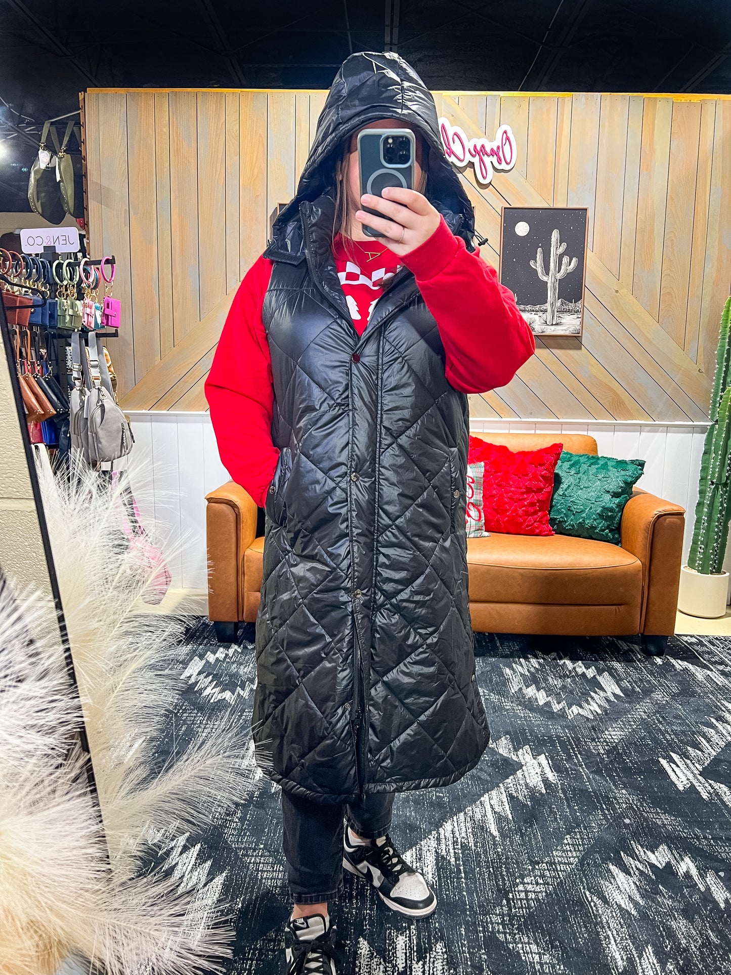 Black Hooded Long Padded Vest
