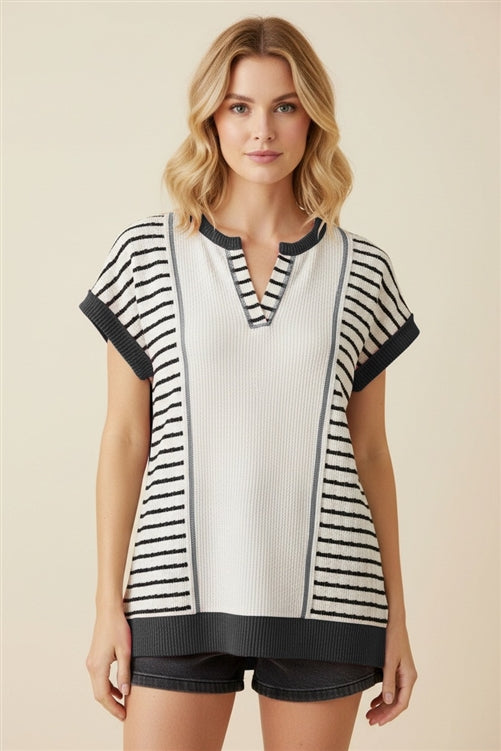 Black & White Striped Colorblock Top